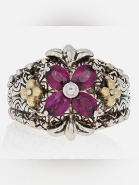 Barbara Bixby Rhodolite Garnet & White Sapphire Ring, Silver & 18k Gold Size 6!
